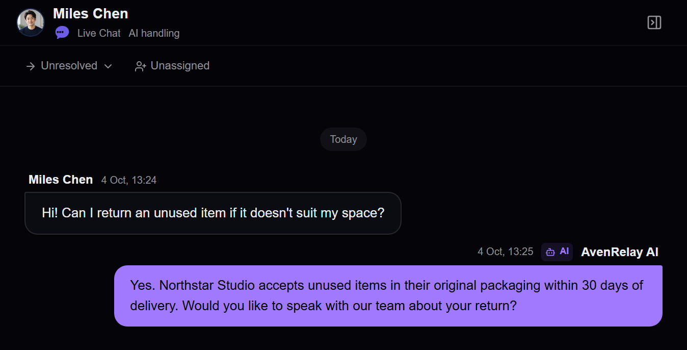 Miles asks about a return. The AI reply explains the 30-day policy from the configured business knowledge.