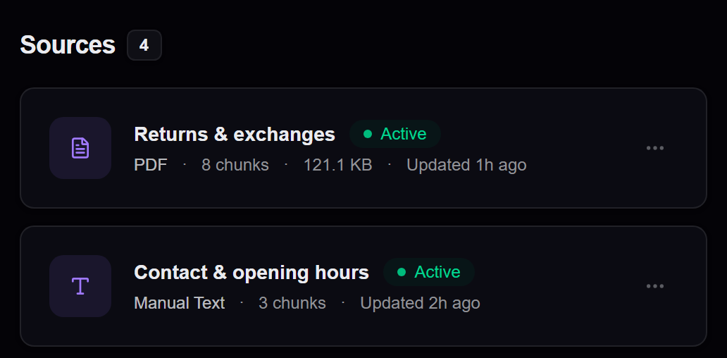The business knowledge library, including an active Returns & exchanges policy.