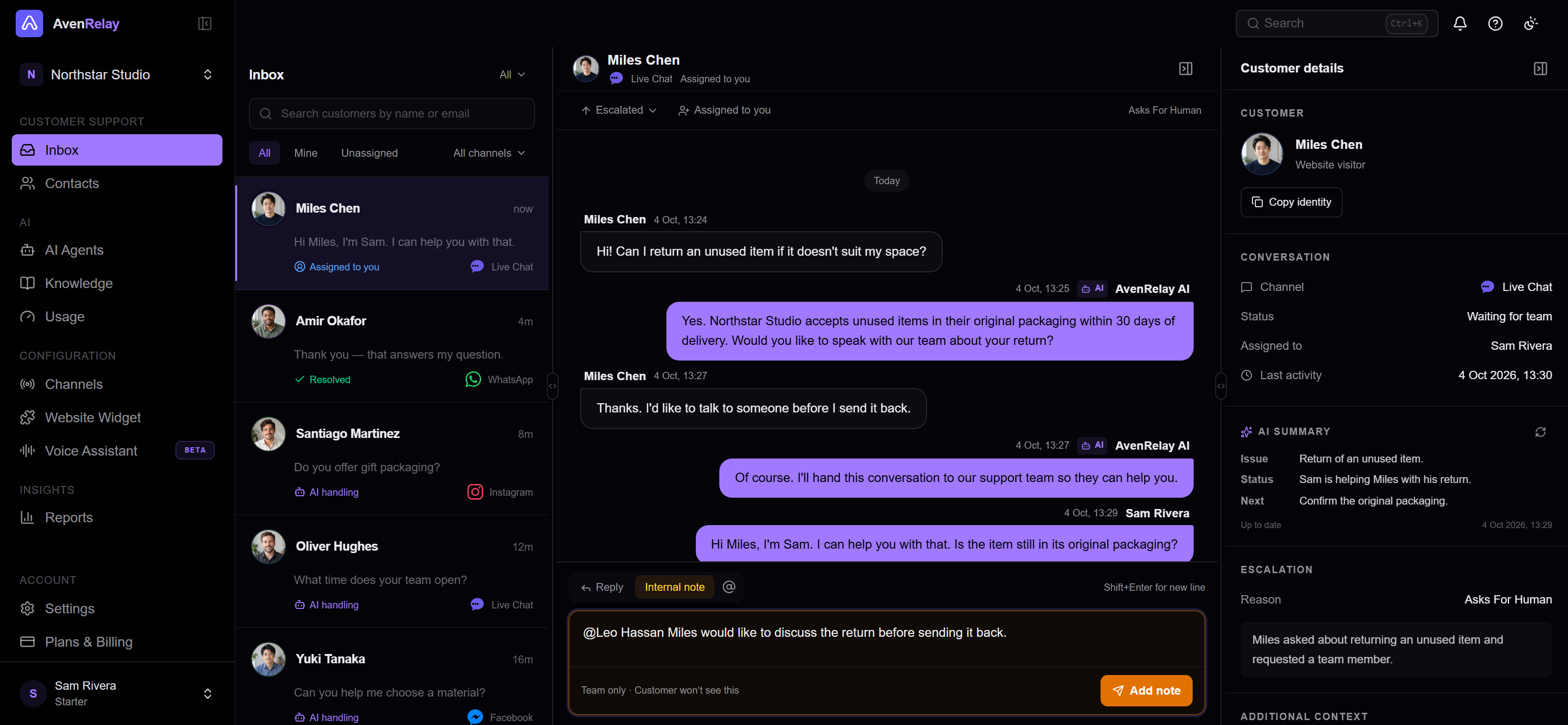 The full Inbox workspace with Miles selected, Sam assigned, customer context and an internal note mentioning Leo.
