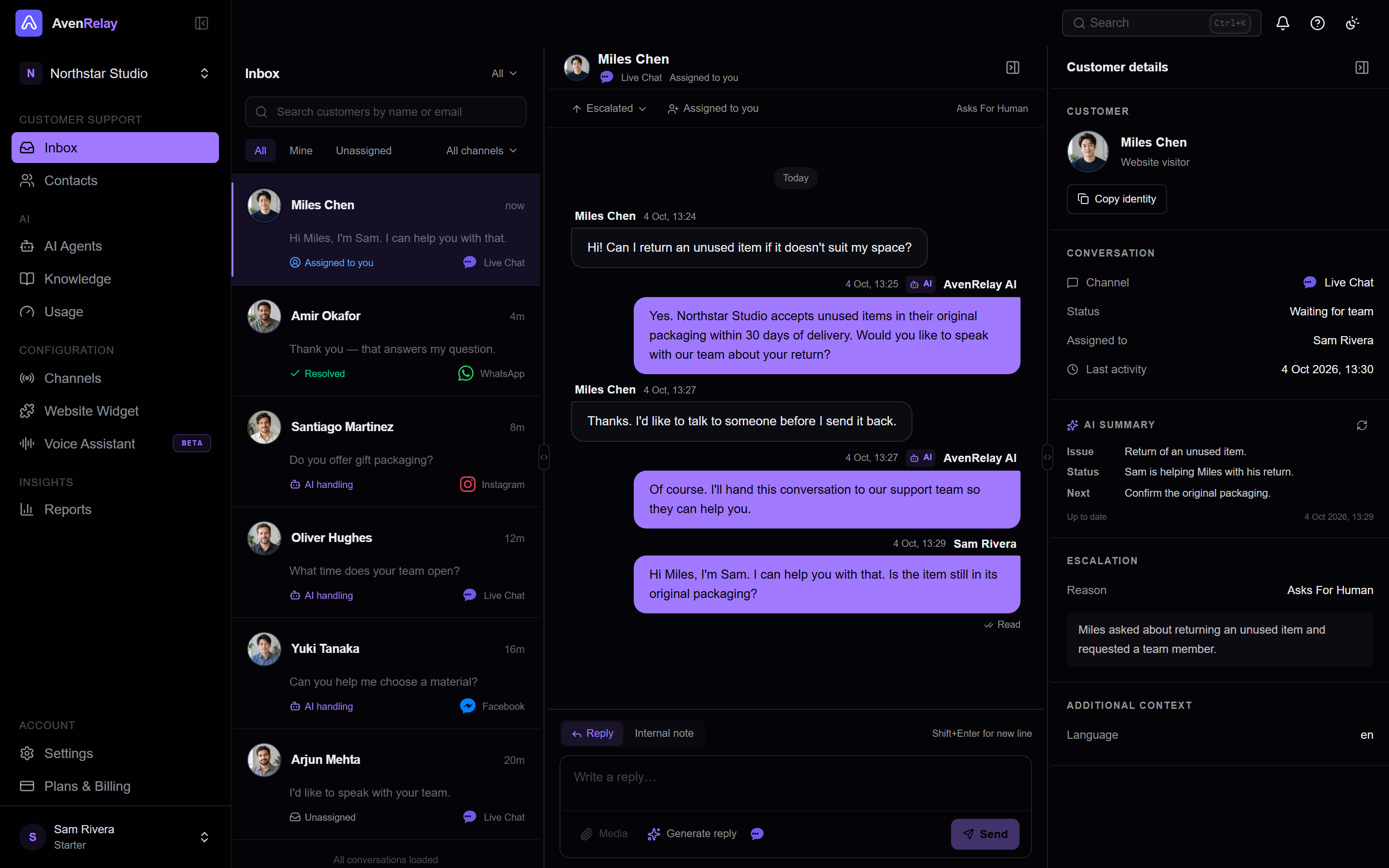 The full AvenRelay desktop workspace: app sidebar, global header, Inbox conversation list, Miles’s support conversation and customer context.